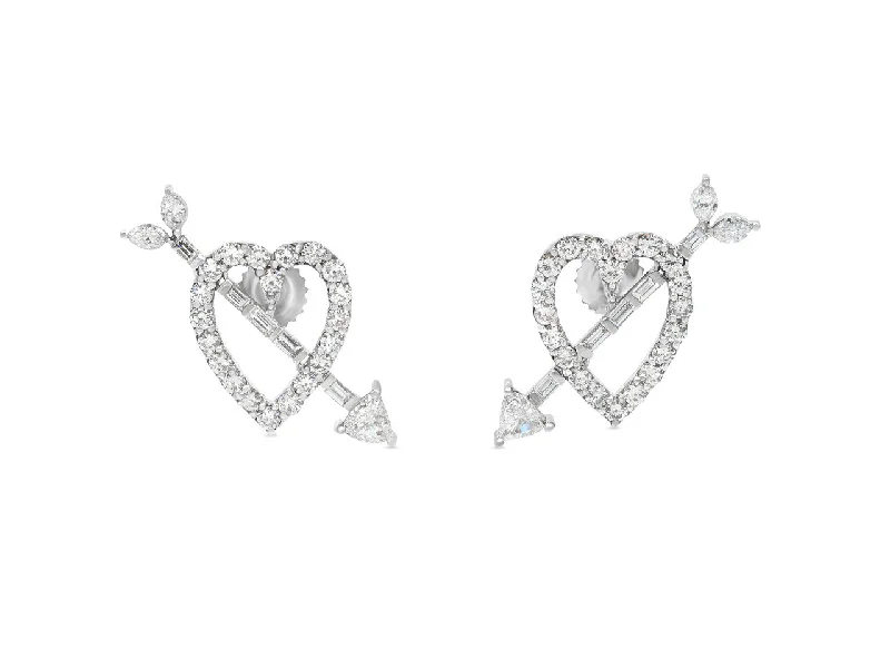 Diamond Heart and Arrow Earrings in 18K White Gold