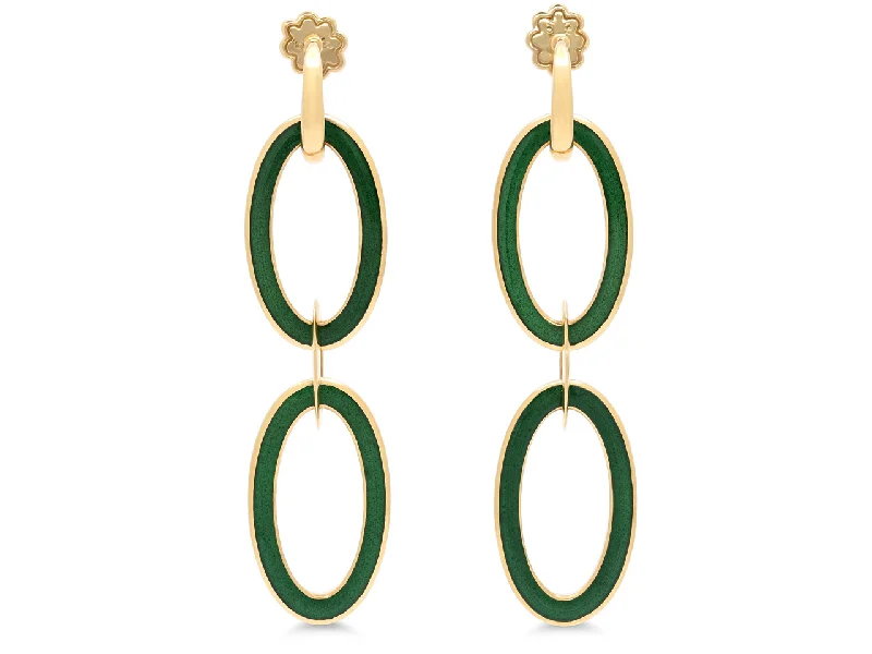 Green Enamel Oval Link Earrings in 18K Gold