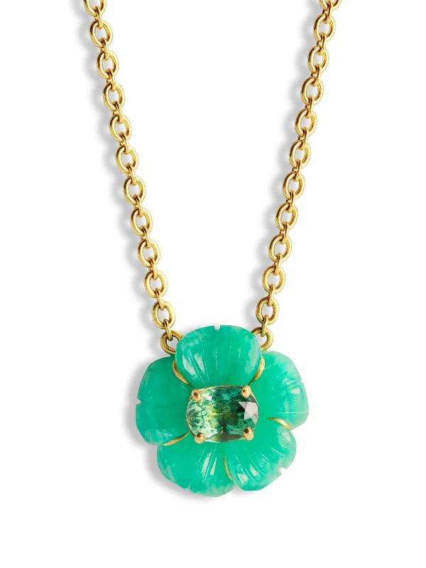 Amazonite and Green Tourmaline Tropical Flower Yellow Gold Necklace