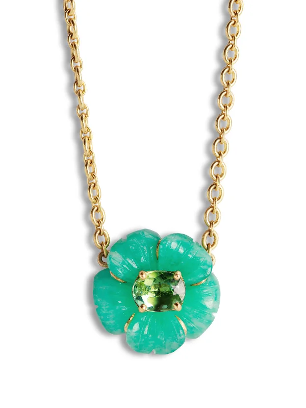 Amazonite and Green Tourmaline Tropical Flower Yellow Gold Necklace