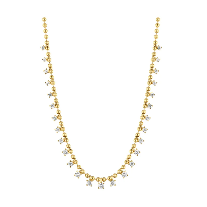 Beaded 14k Gold and Diamond Station Necklace