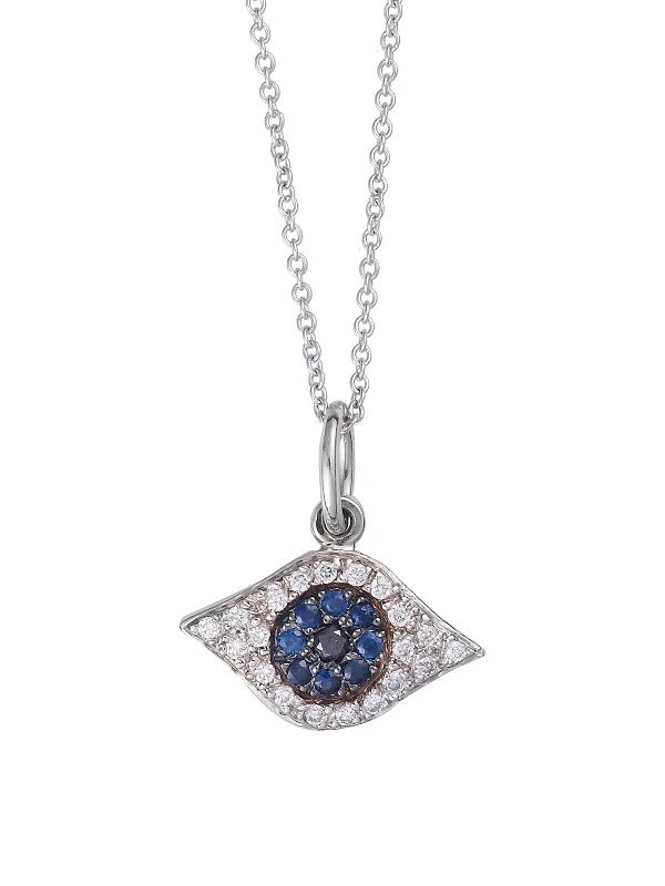 Blue Sapphire and Diamond Kitten Eye Pendant White Gold Necklace