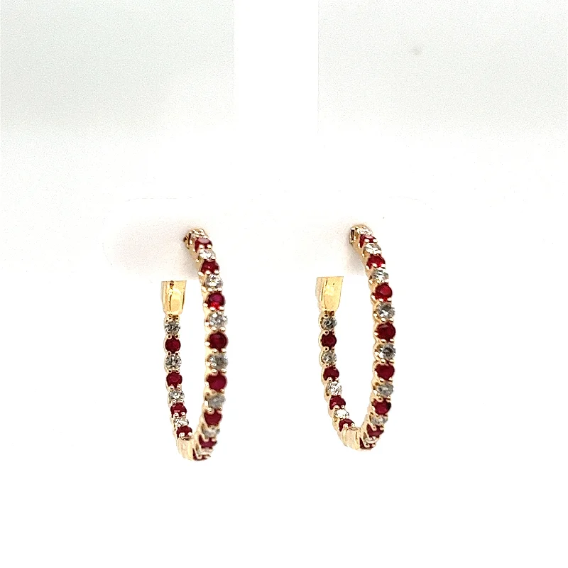 Round Shape Ruby and Diamond Medium Hoop Earrings in 14K Yellow Gold (1.10ctw)