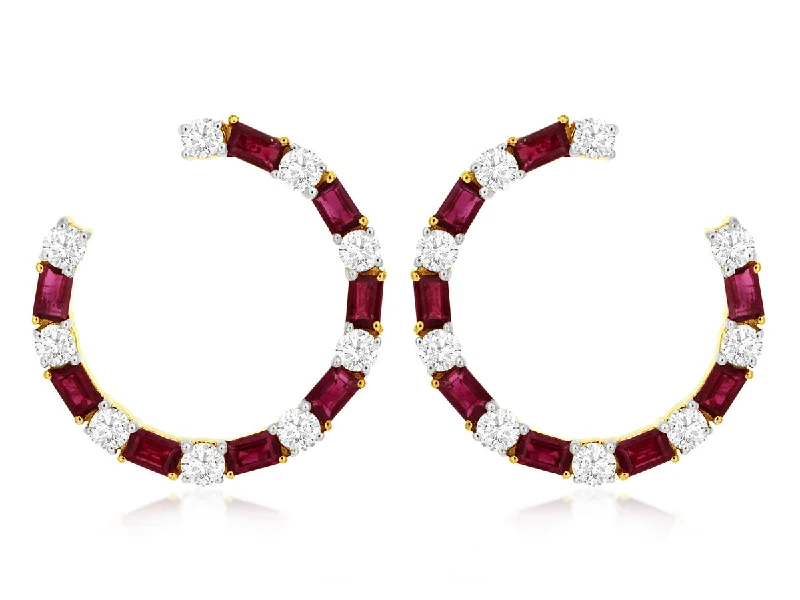 Bremer Jewelry Straight Baguette Rubies and Diamonds Medium Hoop Earrings in 14K Yellow Gold (2.80ctw)