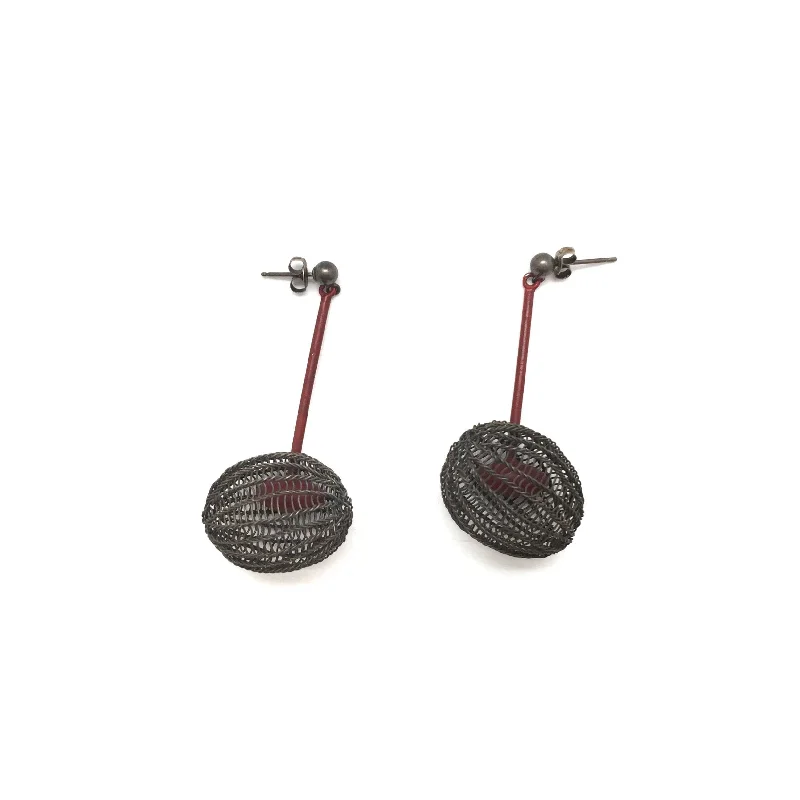 Oxidized Cage Earrings - Red