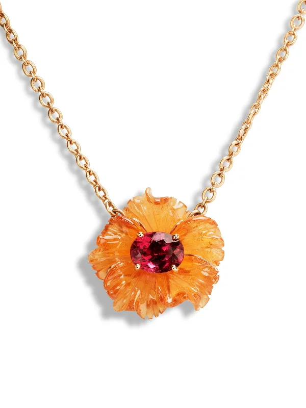 Carved Mandarin Garnet and Rubellite Tropical Flower Rose Gold Necklace