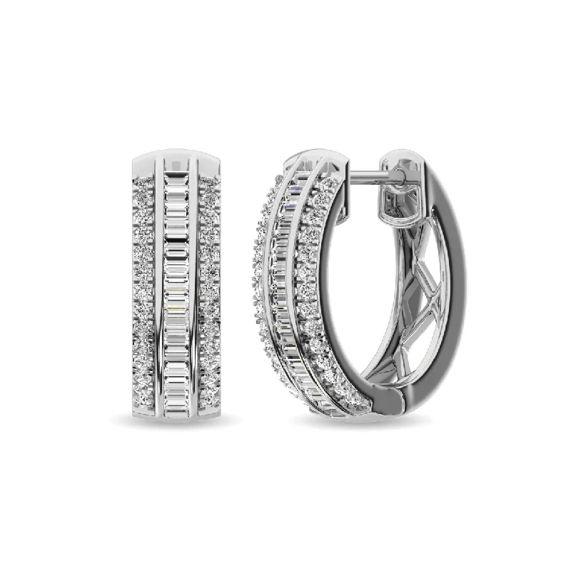 Diamond 1/3 Ct.Tw. Round and Baguette Hoop Earrings in 10K White Gold