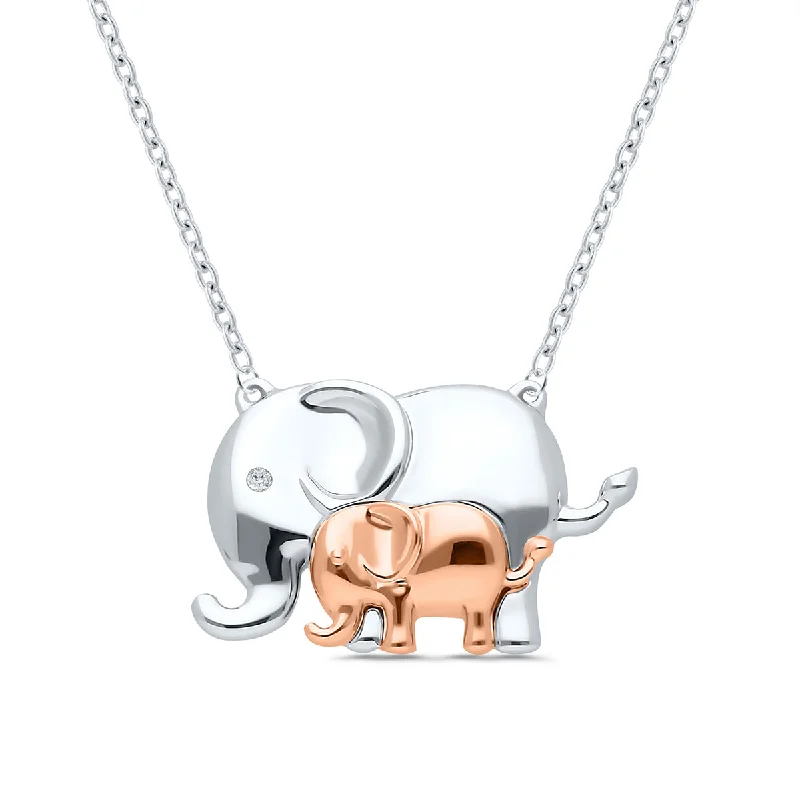 Double Elephant Diamond Pendant Necklace in Rose Gold Plated Sterling Silver