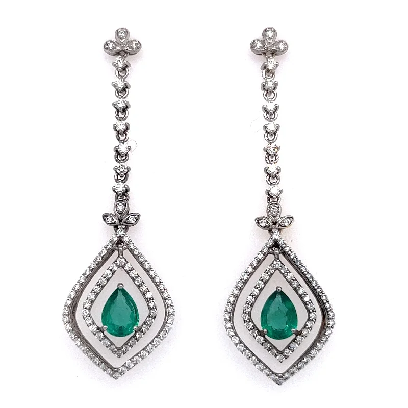 Estate Pear Shape Emeralds and Diamond Dangle Earrings in 18K White Gold (3.27ctw)