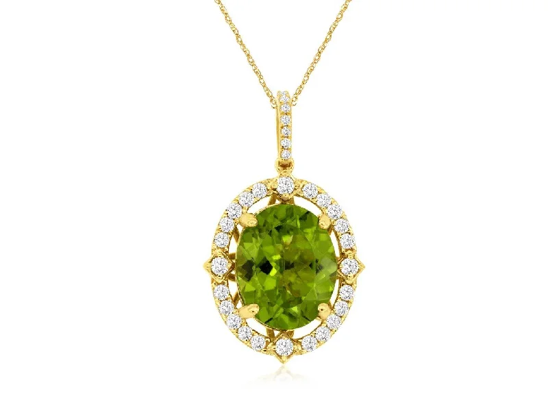 Green Oval Peridot Diamond Halo Pendant Necklace in 14k Yellow Gold