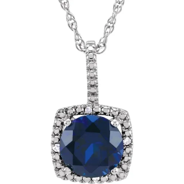 Lab Grown Round Blue Sapphire Pendant Necklace with Diamond Halo Setting in Sterling Silver