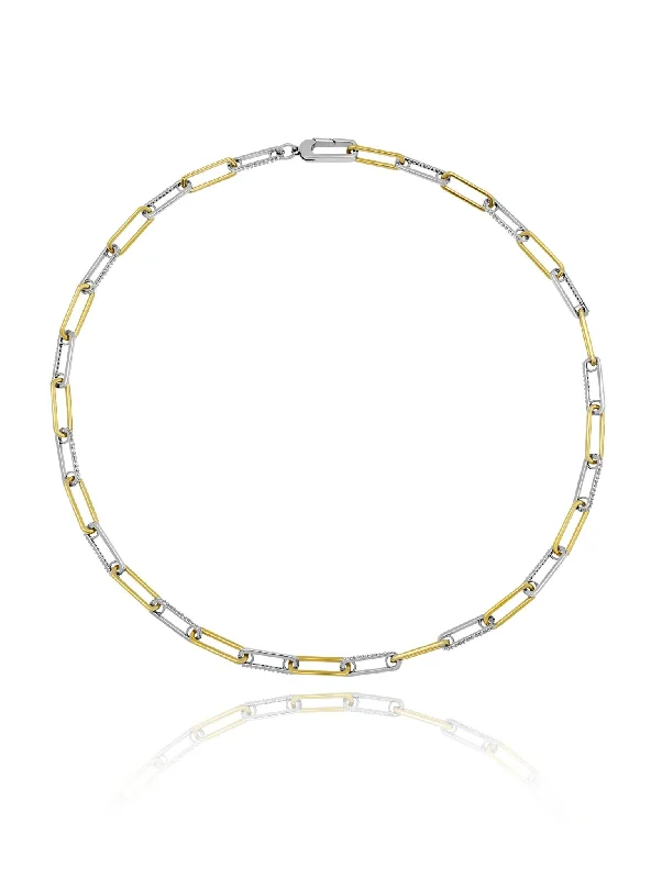 Two Tone Link Pave 18" Necklace Finished in Pure Platinum and 18kt Yellow Gold