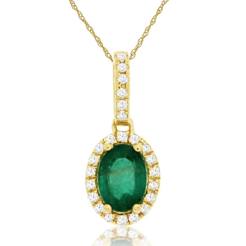 Natural Green Oval Emerald Pave Diamond Halo Pendant Necklace in Yellow Gold