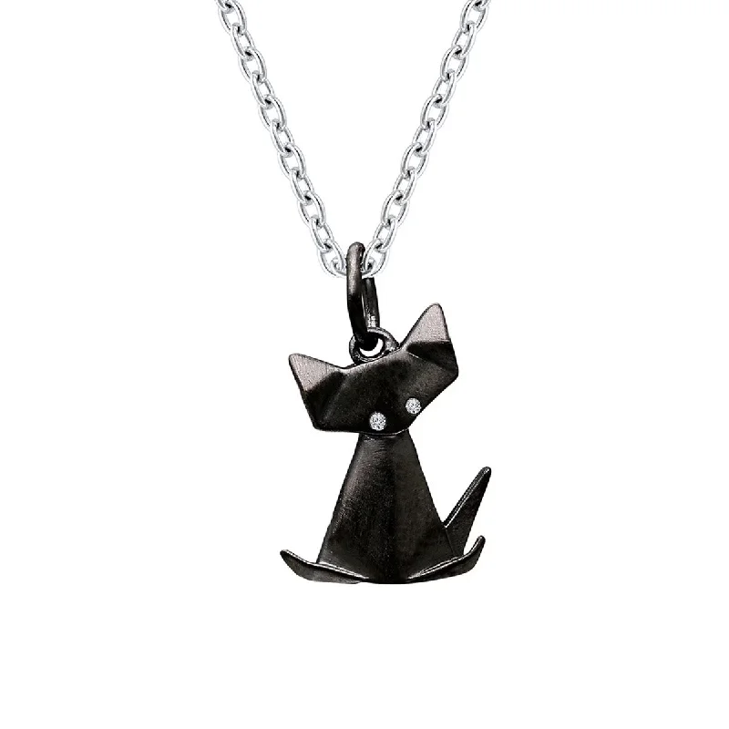 Origami Black Cat Diamond Pendant Necklace in Sterling Silver