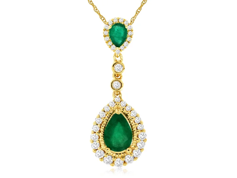 Pear Shaped Emerald and Diamond Halo Pendant Drop Necklace in 14k Yellow Gold