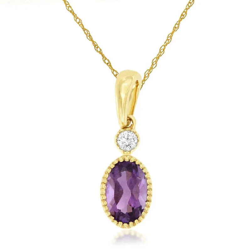 Purple Beaded Bezel Set Oval Amethyst and Round Diamond Pendant Necklace in Yellow Gold