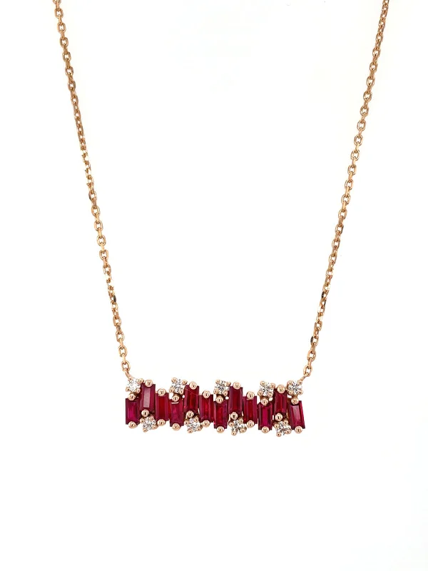 Ruby Baguette and Round Diamond Rose Gold Necklace