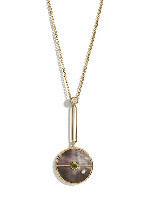 Signature Dark Mother of Pearl and Mint Garnet Compass Yellow Gold Necklace