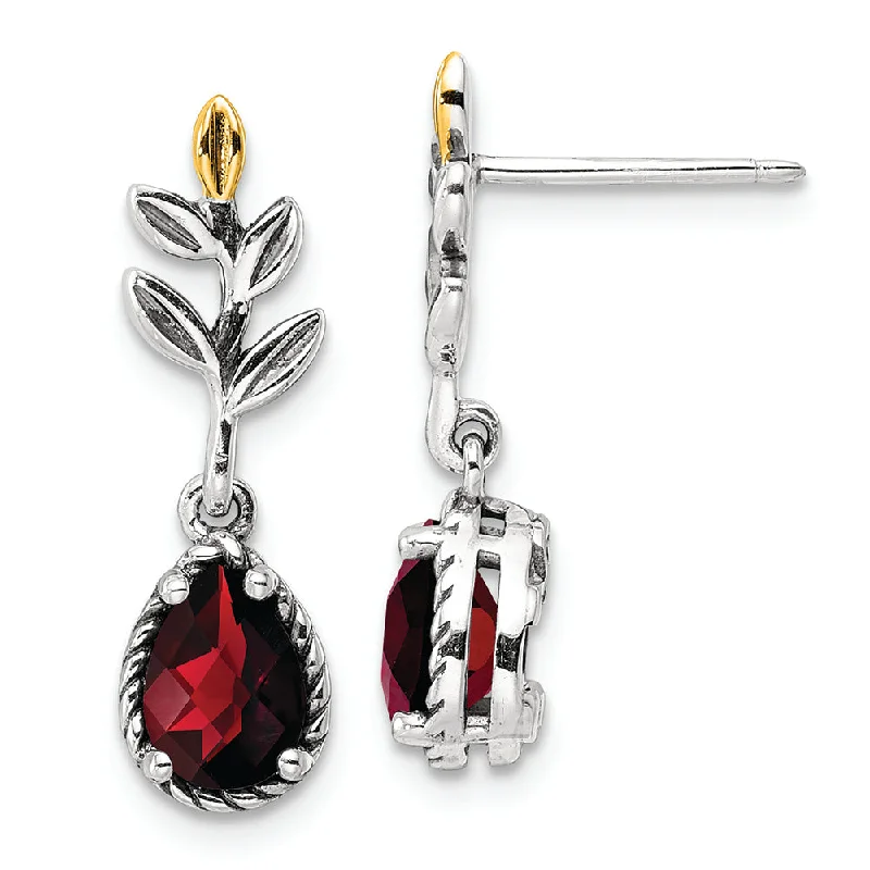 Sterling Silver w/14k Leaf 1.49GA Garnet Dangle Post Earrings