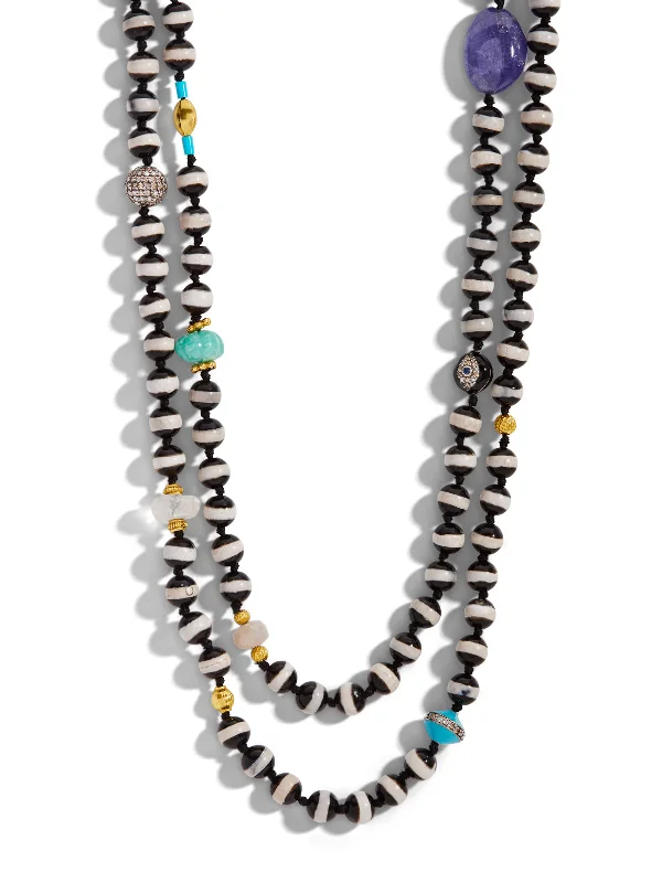 Striped Black Agate & Multi-Color Stone Extra Long Beaded Necklace