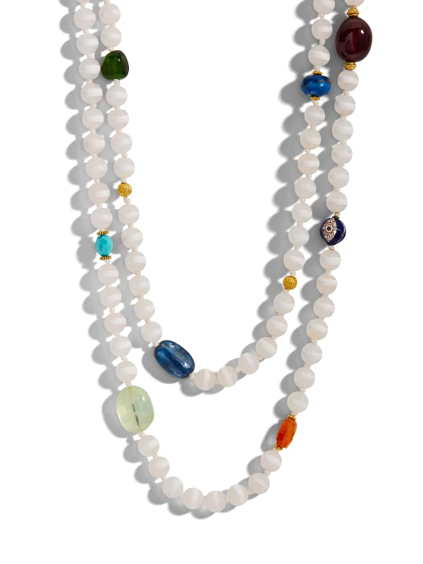 Striped White Agate & Multi-Color Stone Extra Long Beaded Necklace