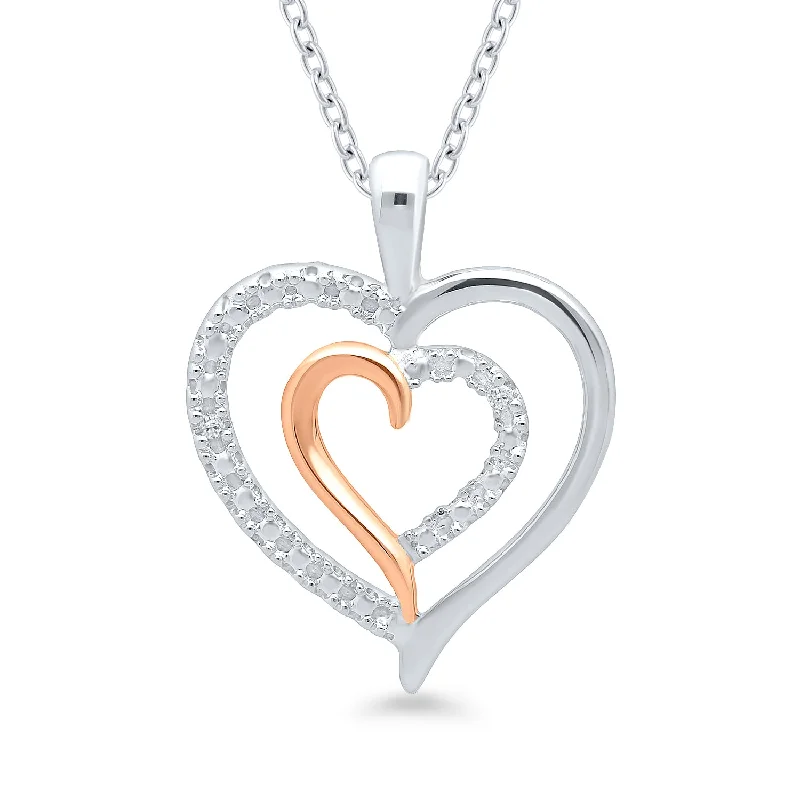 Two Tone Diamond Double Heart Pendant Necklace in Sterling Silver and 10k Rose Gold