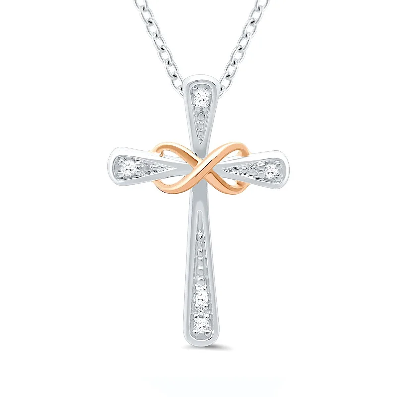 Two Tone Diamond Infinity Cross Pendant Necklace in Sterling Silver