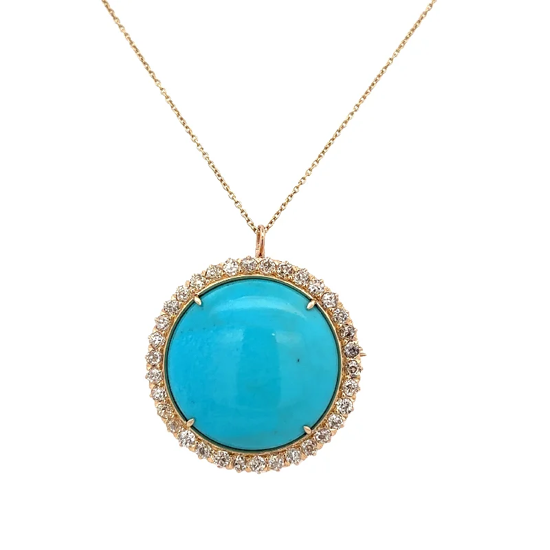 Vintage Persian Turquoise and Old Mine Diamond Pendant Necklace in Yellow Gold