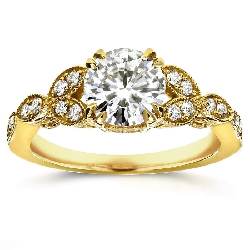 Annello by Kobelli 14k Yellow Gold 1 1/5ct TGW Round Moissanite and Diamond Antique Leafy Engagement Ring