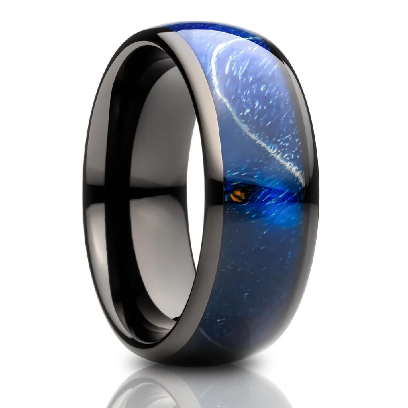 Azure Tungsten Carbide Wedding Ring 8Mm Black Engagement Ring Wood Inlay