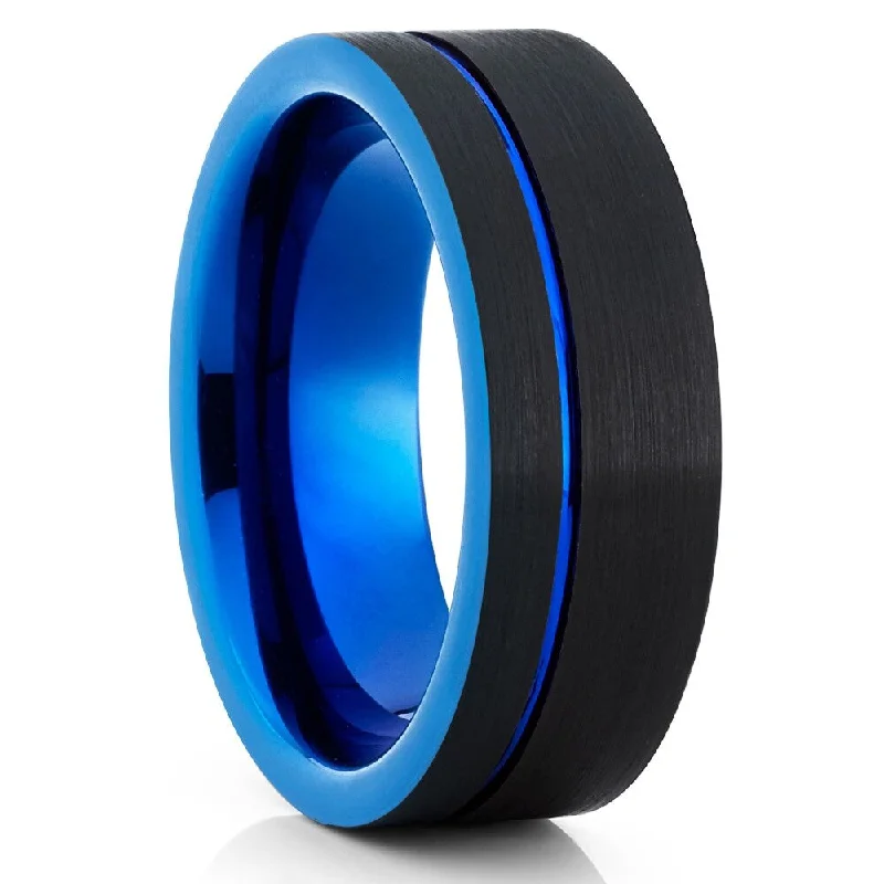 Blue Black Tungsten Wedding Ring Engagement Offset Groove 8Mm Cobalt Free Sizes 513