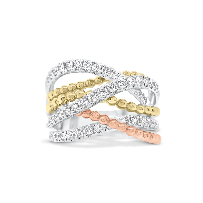 Diamond & Beaded Gold Interwoven Bands Ring