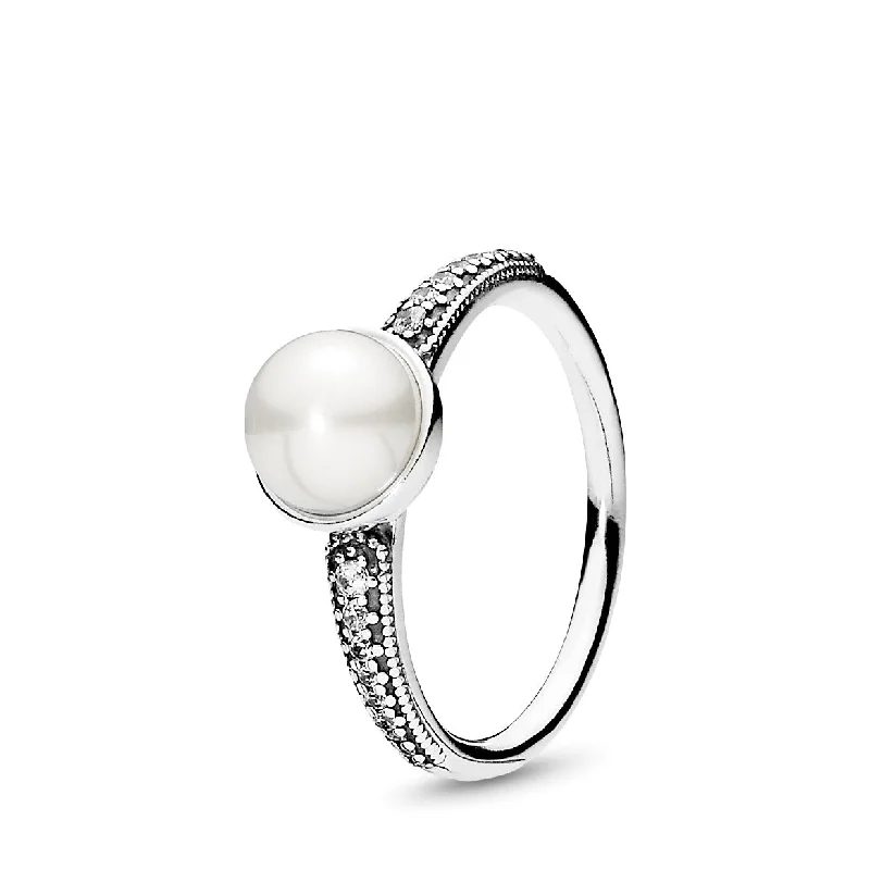 Freshwater cultured pearl silver ring with clear cubic zirconia, 7 mm