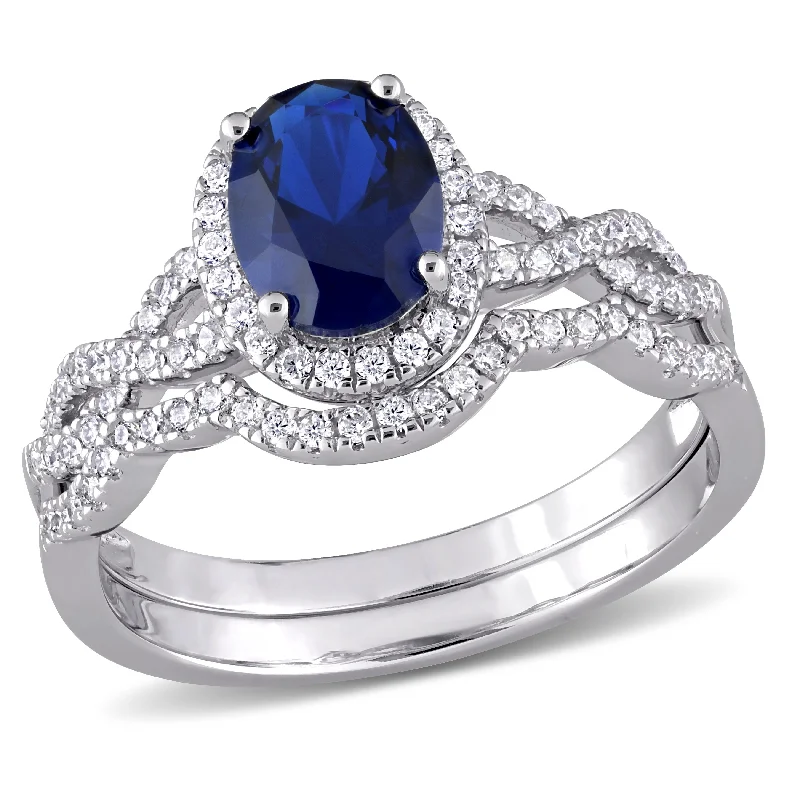 Miadora 3 1/6CT TGW Oval-Cut Blue And White Cubic Zirconia Halo Entwined Ring Set In Sterling Silver