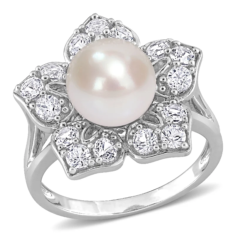 Miadora 8.5-9mm Cultured Freshwater Pearl and 1 1/3ct TGW Created White Sapphire Floral Pearl Ring in Sterling Silver