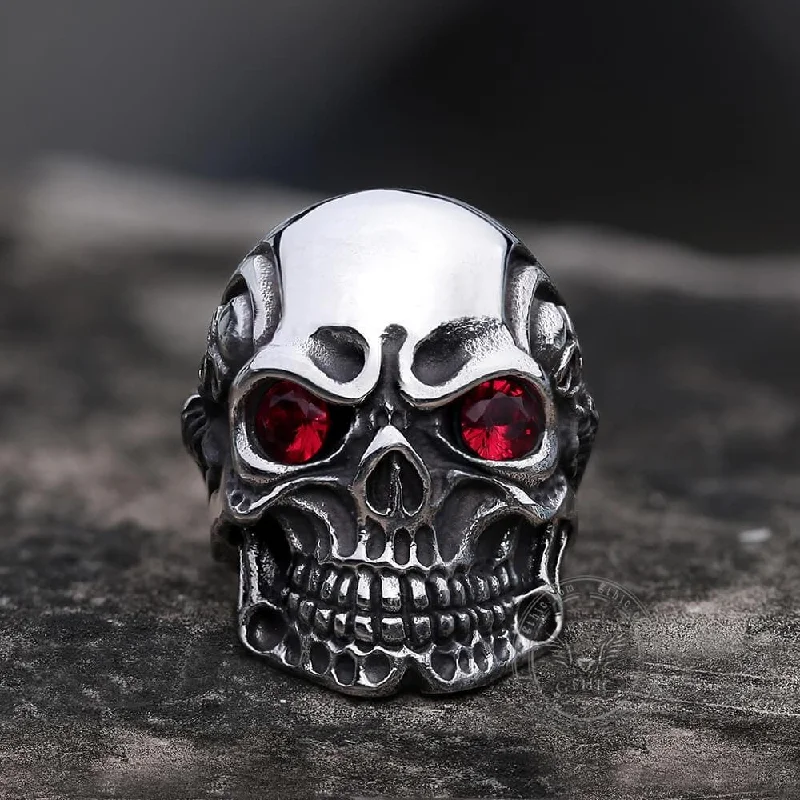 Ruby & Sapphire Eye Stainless Steel Skull Ring