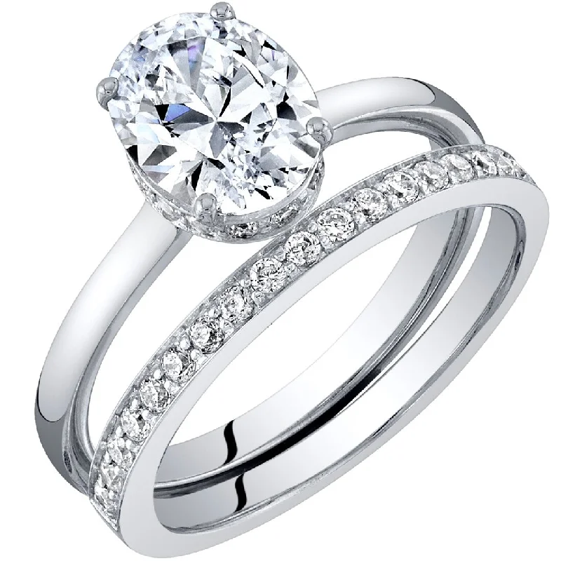 Sterling Silver 2 ct Oval Moissanite Hidden Halo Engagement Ring & Wedding Band Bridal Set