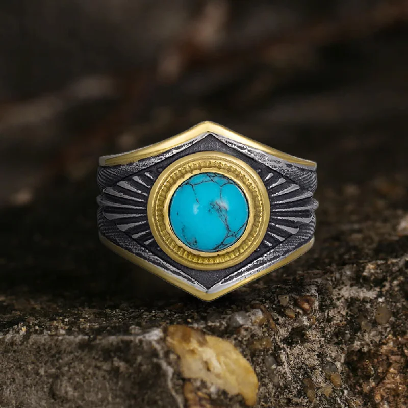 Vintage Feather Inlaid Turquoise Stainless Steel Ring