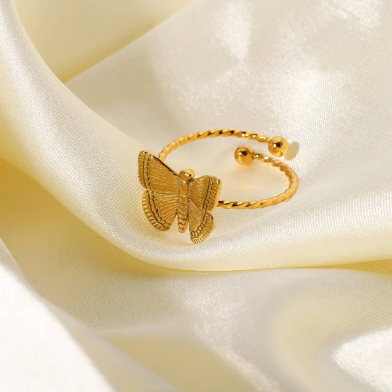 Wholesale 18K Gold Stainless Steel Adjustable Butterfly Ring with Opening