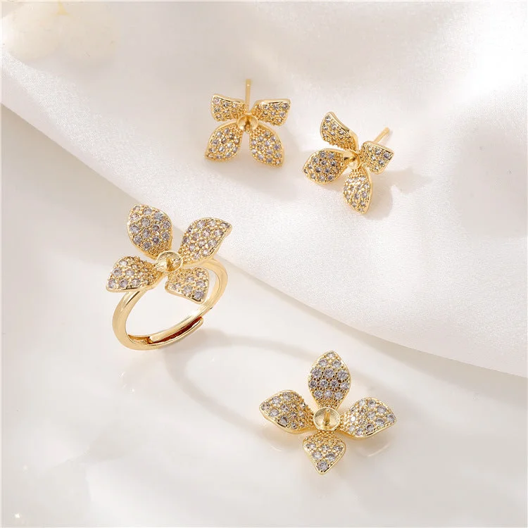 Wholesale Copper 14K Gold Packed Zircon Four Petal Flower Pearl Ring Set