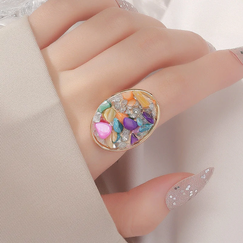 Wholesale Geometric Opening Adjustable Colored Stone Spring Alloy Ring