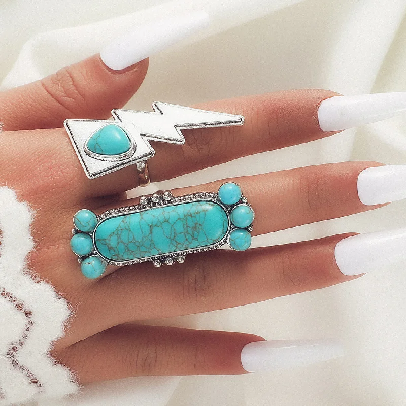 Wholesale Retro Bohemian Turquoise Lightning Shape 2-piece Set Alloy Ring