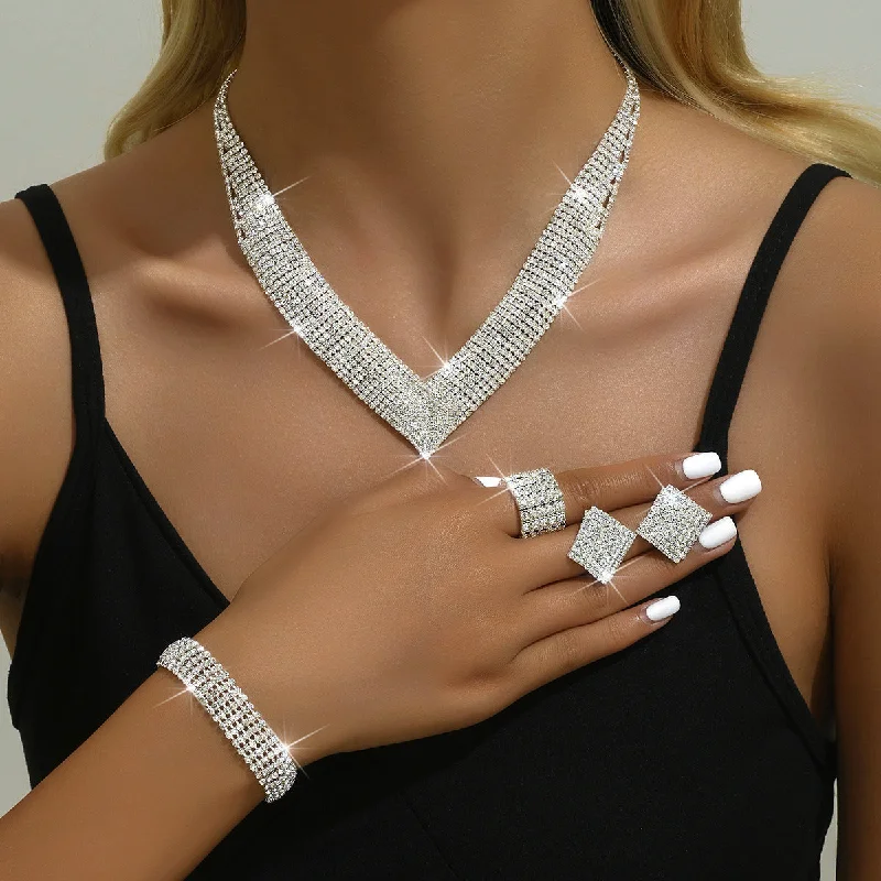 Wholesale Rhinestone Silver Plated Necklace Bracelet Stretch Ring Set