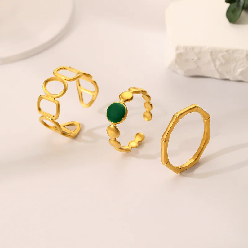 Wholesale Stainless Steel Gold Opening O-shaped Circular Vintage Oil Dropping Green Three Piece Ring Set