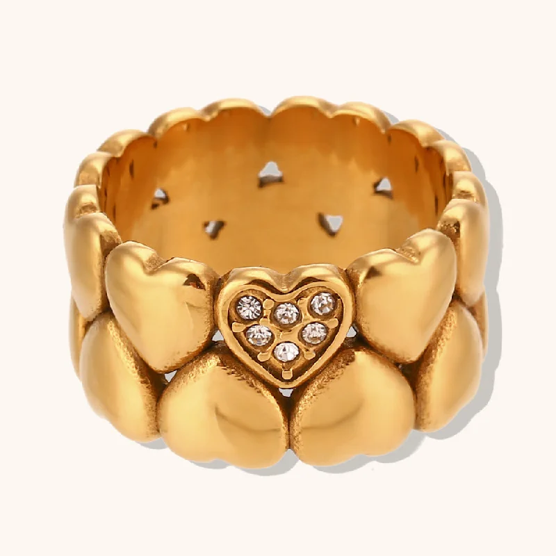 Wholesale Stainless Steel Gold-plated Cast Wide Face Double Layer Peach Heart Rings