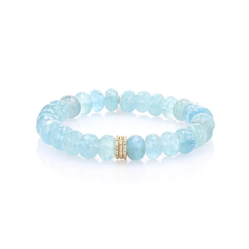 14K Gold Aquamarine Faceted Bracelet with 3 Diamond Rondelles - 10mm