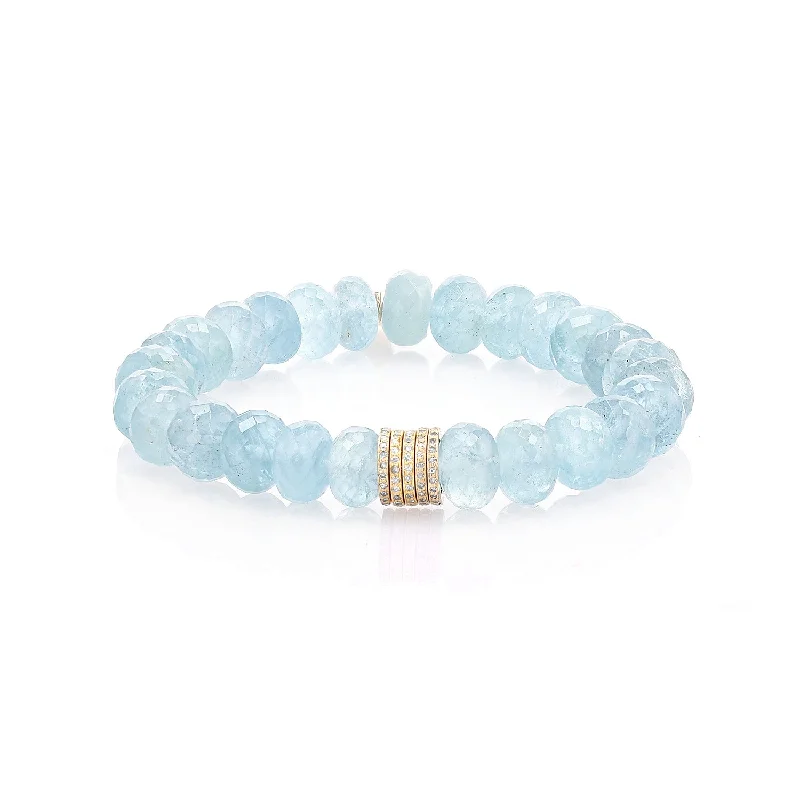 14K Gold Aquamarine Faceted Bracelet with 5 Diamond Rondelles - 10mm