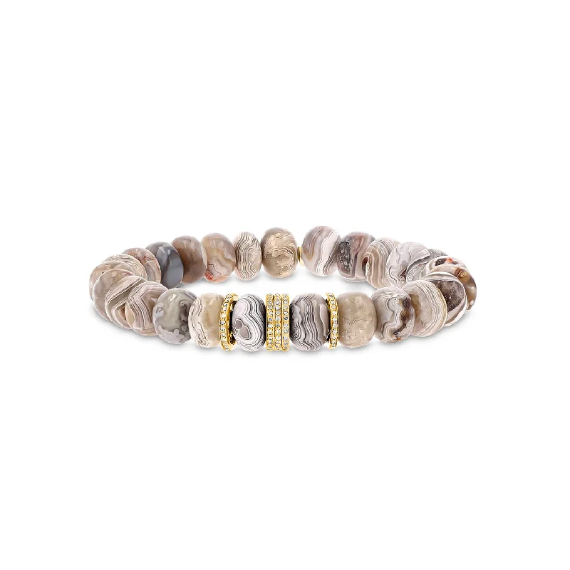 14k Cream Agate Bead Bracelet with 5 Diamond Rondelles - 10mm