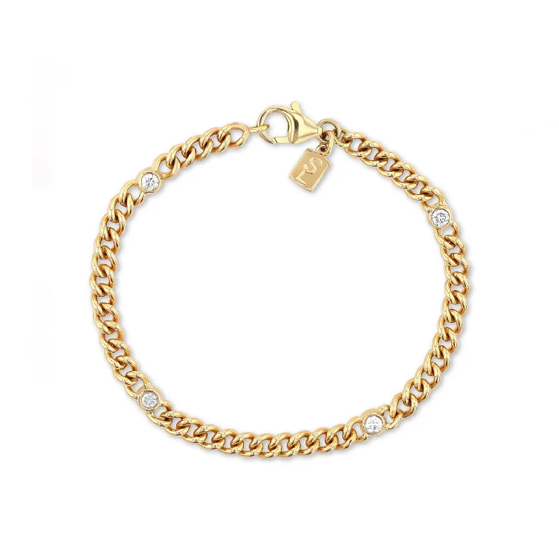 14k Gold Curb Chain Bracelet with 4 Bezel Diamonds