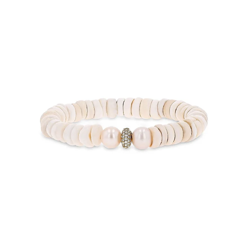 14k Pearl and Puka Shell Bracelet with Diamond Donut